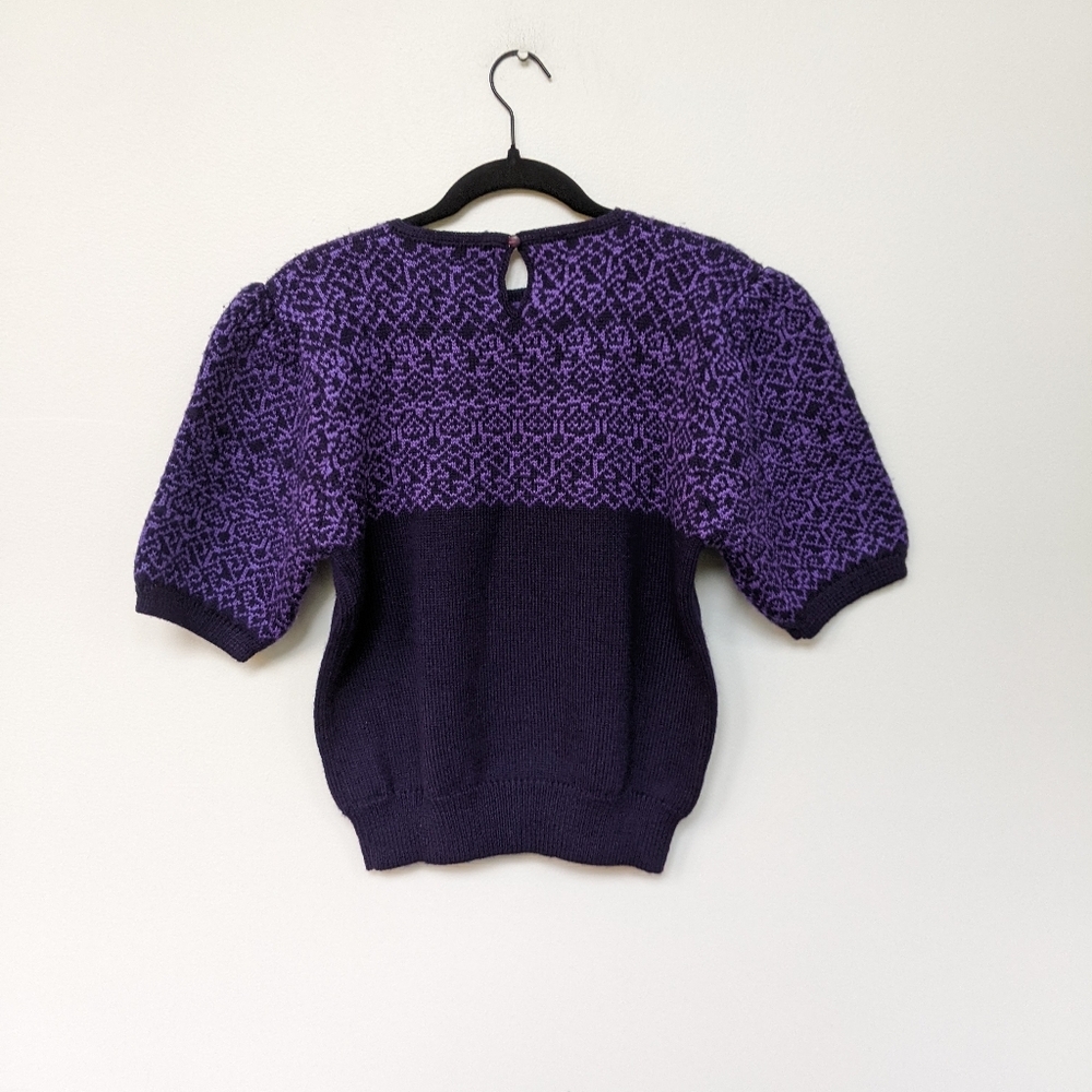 Vintage 80s Susan Bristol Puff Sleeve Sweater Wool Purple Floral Embroidered M - Picture 4 of 5